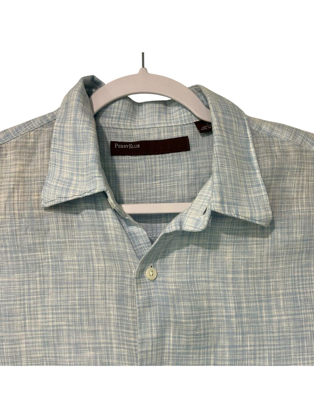 Perry Ellis Mens Linen Shirt Casual Summer SZ LG Light Blue Plaid Button Down